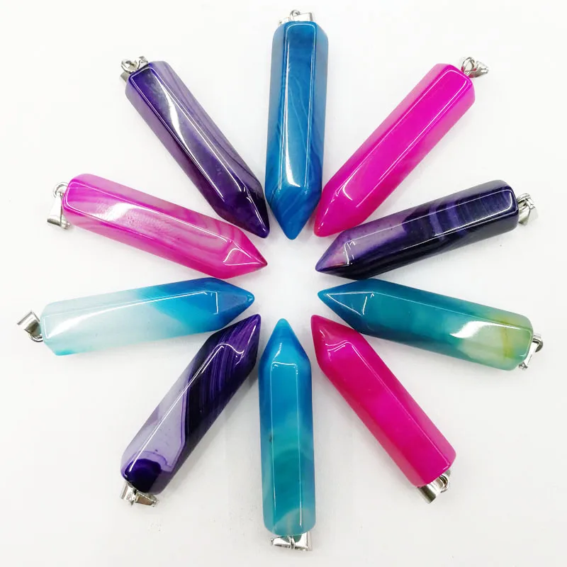 

Natural fashion onyx stripe stone crystal pillar Pendants & necklaces charm blue rose red purple for Jewelry making 12pcs/lot