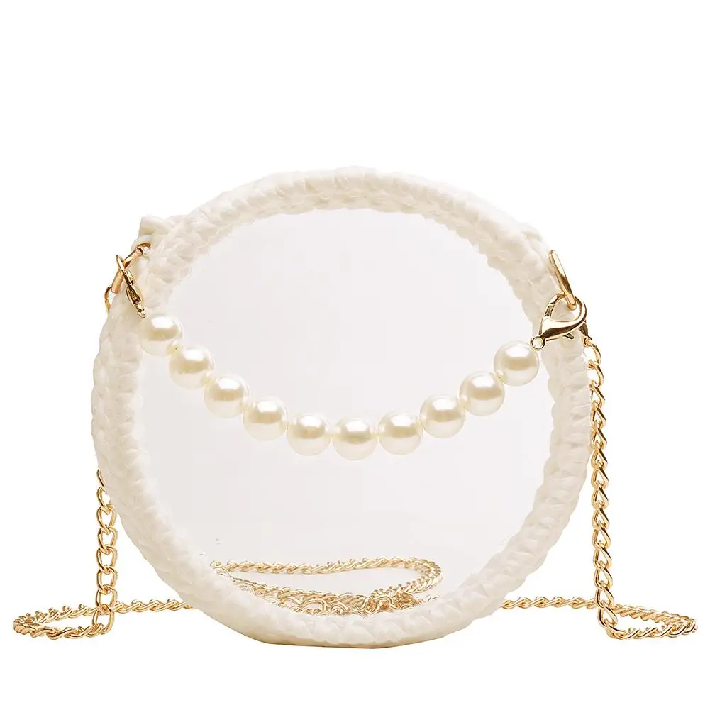 

Women Round Chain Shoulder Bag Fashion Hand Woven Knit Transparent PVC Clear Pack Pearl Crossbody Messenger Bags Handbag Tote