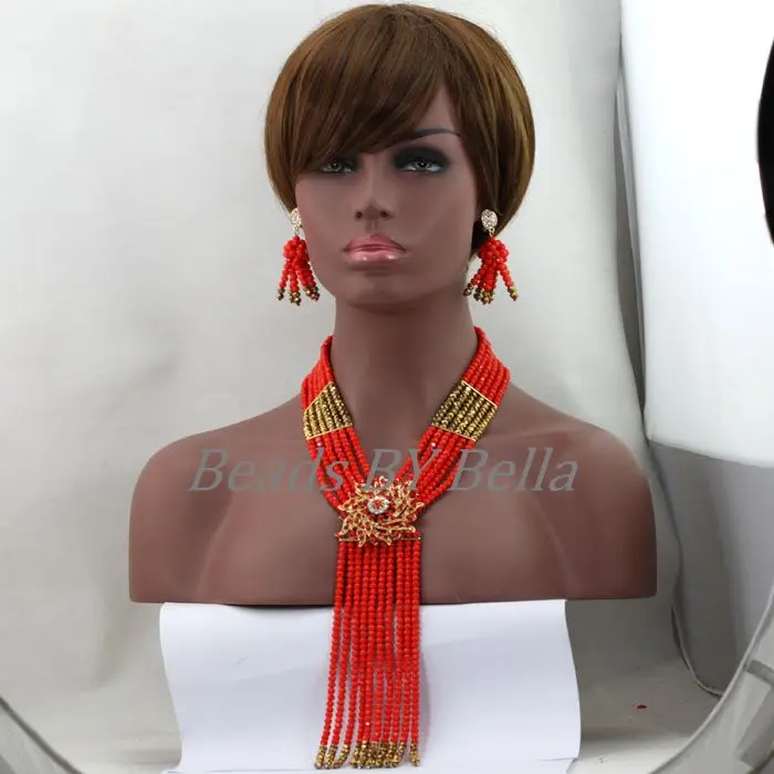 Стильный красный африканский костюм комплект ювелирных изделий Дубай нигерийский Свадебный ожерелье бусы комплект ювелирных изделий ABL290