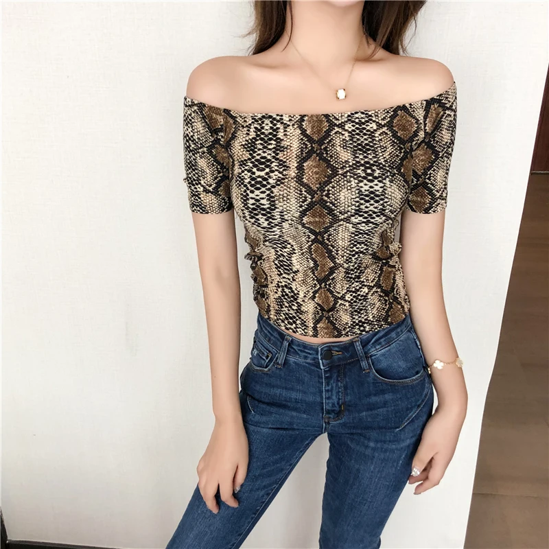 

Women Summer Sexy elastic Crop Tops Snake T-shirt Club Streetwear T shirt Female Long Sleeve New Fashion Short Top