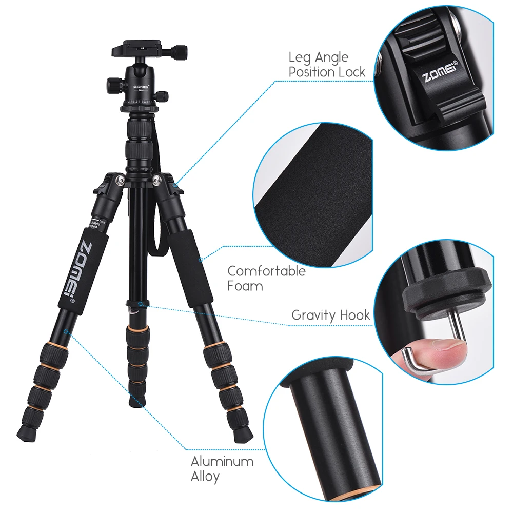 ZOMEI Q666 легкий Портативный Профессиональный дорожный треножник для камеры монопод из алюминия шаровой головкой для цифровых зеркальных фотокамер DSLR Камера штатив