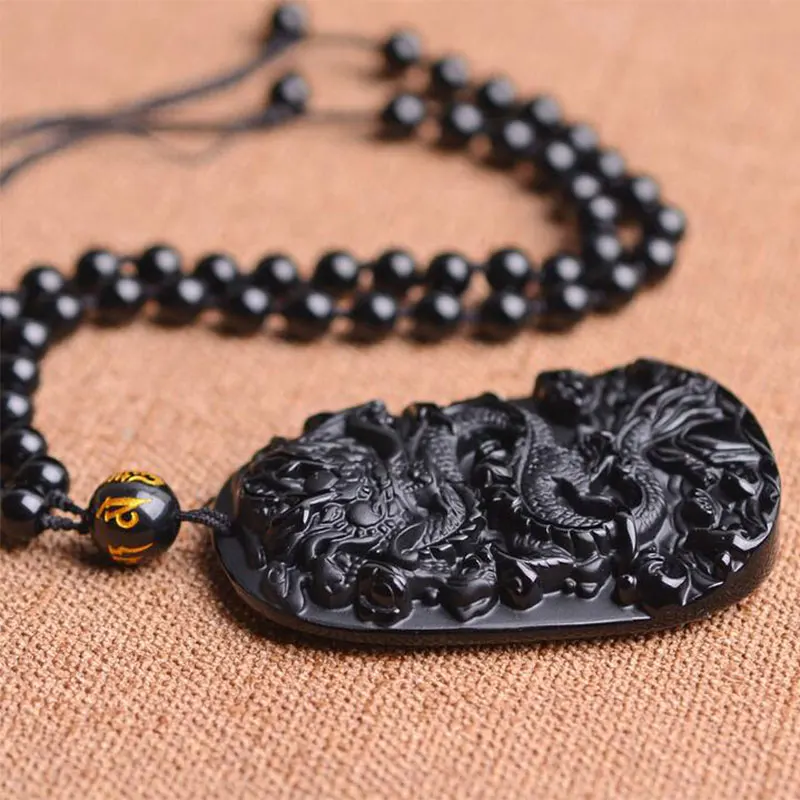 KYSZDL Прямая красивый китайский ручной работы черный обсидиановый резной дракон амулет счастливый кулон ожерелье для мужчин и женщин ювелирные изделия