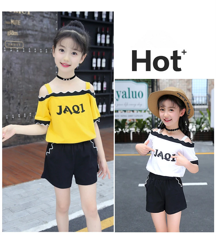 Cute Casual Teenage Clothes For Girls Clothing Sets 2019 Summer Children Shoulderless Letter Tshirt Tops Shorts 2Pcs Kids Suit (2)