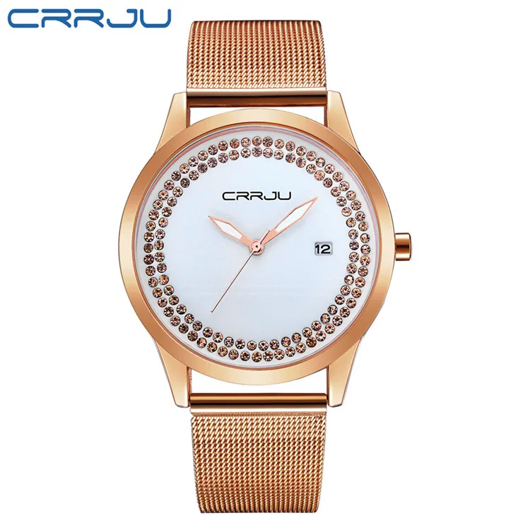 CRRJU лучший бренд класса люкс для женщин часы Мода сталь Сплав Кварцевые часы Дамы Золото Простой стиль повседневное наручные часы Элегантные Relojes - Цвет: Rose gold