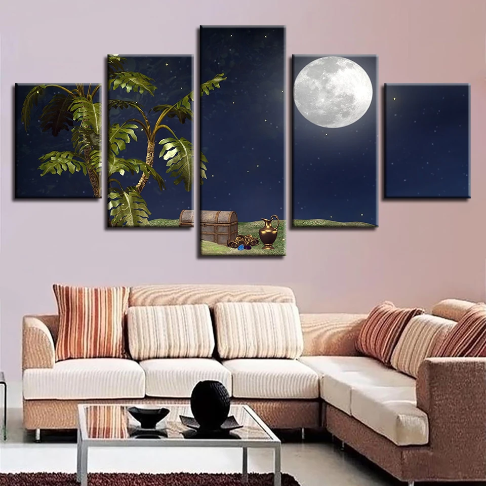 

Wall Art HD Prints Home Decor Living Room 5 Pieces Trees Treasure Box Moon Night Scene Pictures Posters Modular Canvas Paintings