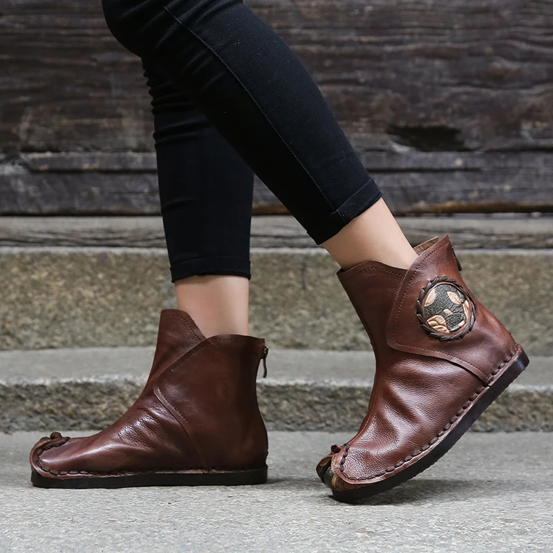 

2018 VALLU Brand Comfortable Women Ankle Booties Shoes Embossed Flowers Female Boots Stitch Lady Flat Shoes