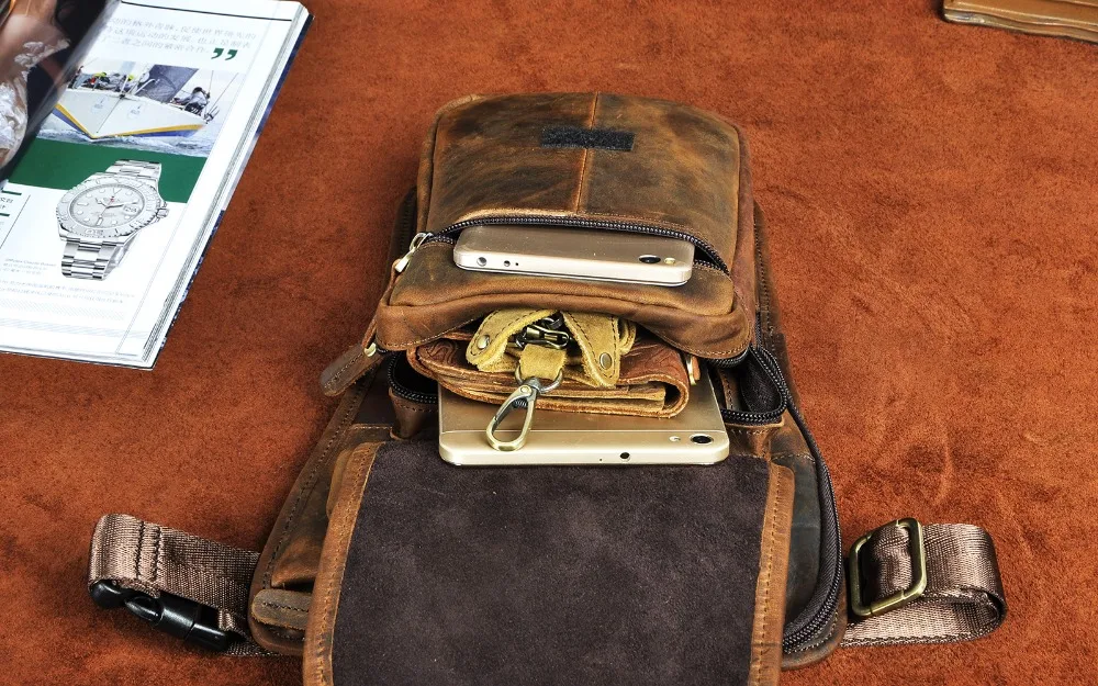 Quality Leather Men Design Casual Messenger Tablets Sling Bag Multifunction Fashion Travel Waist Belt Pack Leg Bag Male 3112