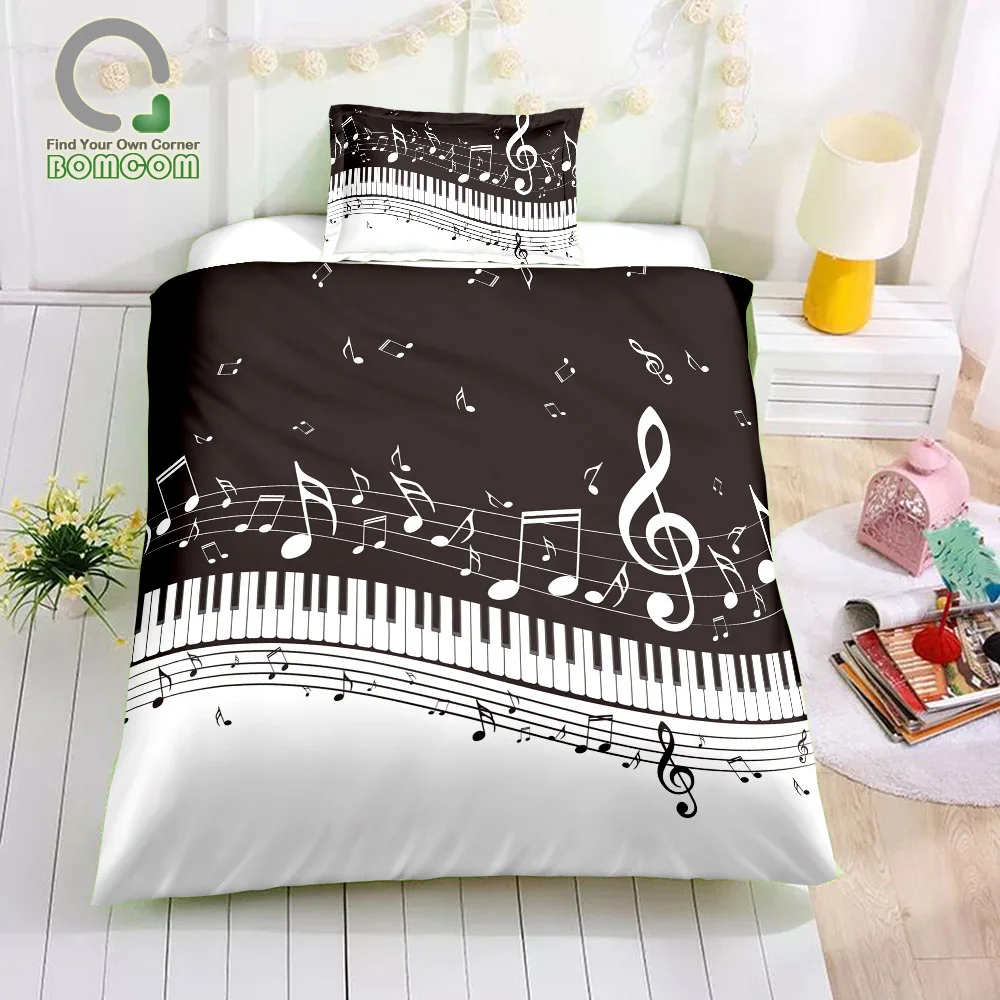 BOMCOM 3D Digital Printing Bedding Set Black Piano Keyboard Music Note Clef Staff 3-Pieces Duvet Cover Sets Microfiber