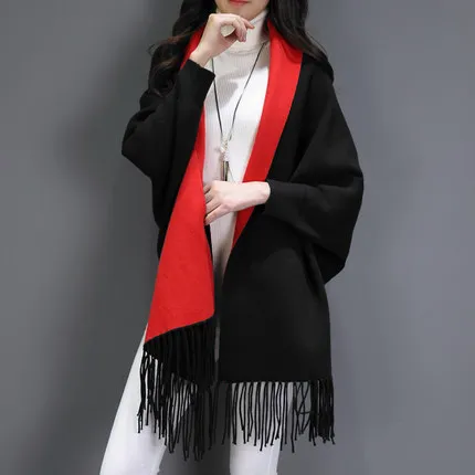 Рукав летучая мышь искусственный кашемир свитер кардиганы для женщин зимнее пончо женское Свободное пальто шерсть женские свитера женский пиджак шарфы - Цвет: black and red