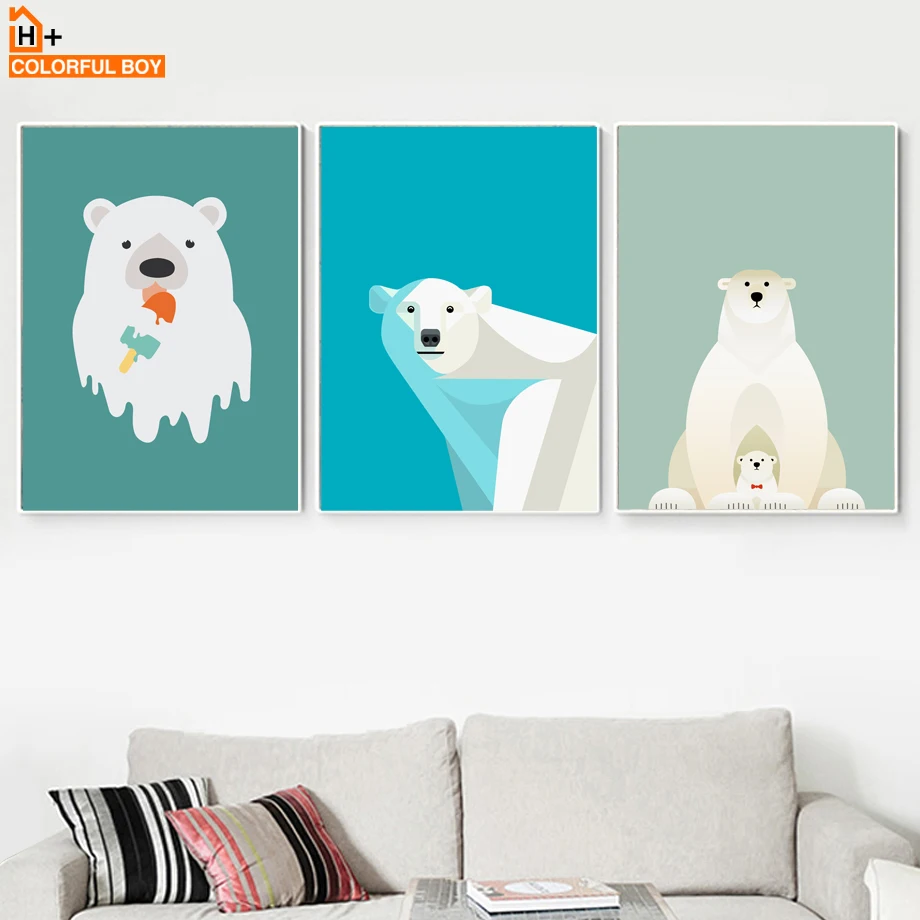 

White Polar Bear Ice Cream Wall Art Print Canvas Painting Nordic Posters And Prints Animals Wall Pictures Baby Kids Room Decor