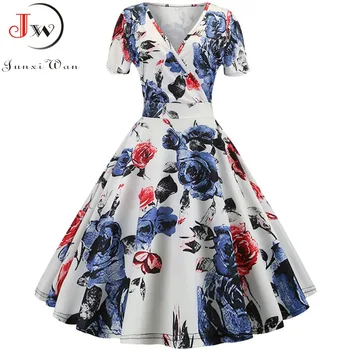 

Elegant Vintage Summer Dress Women 2019 Short Sleeve V-Neck Casual A-Line Midi Dress Robe Femme Rockabilly Vestidos Plus Size