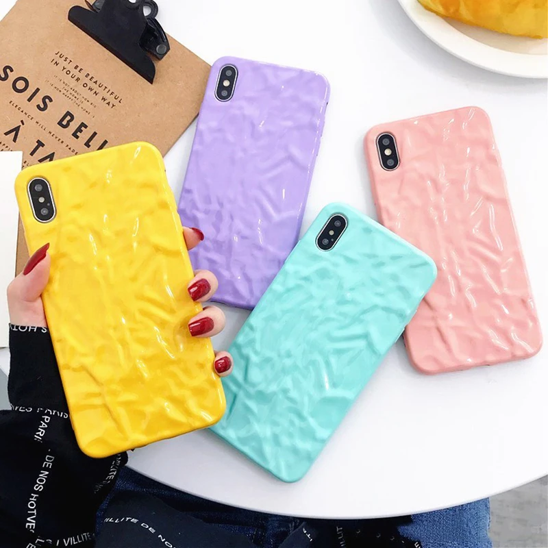 

Lovely Candy solid color Silicone Phone Case For iPhone X XS XR XS Max 8 7 6 6S Plus Fold pattern Full protection Back Cover