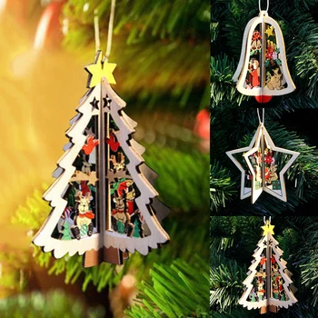 1PC New Christmas Tree Ornaments Hanging Xmas Tree Home Party Decor 3D Pendants High Quality Wooden Pendant Decoration Color