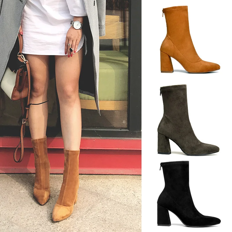 

Karinluna brand new dropship cow suede chunky high heels chelsea Boots Women Shoes popular brand Woman mid-calf Boots
