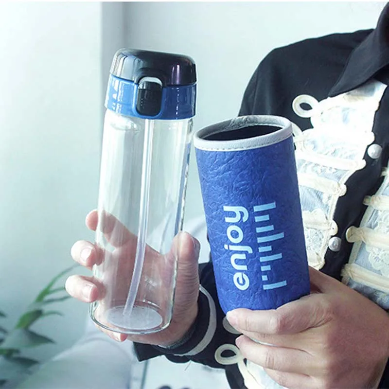 

New Fashion Colorful 500mL Straw Glass Water Bottle Glass Beautiful Gift Women Water Bottles with Protective Leather Case Tour