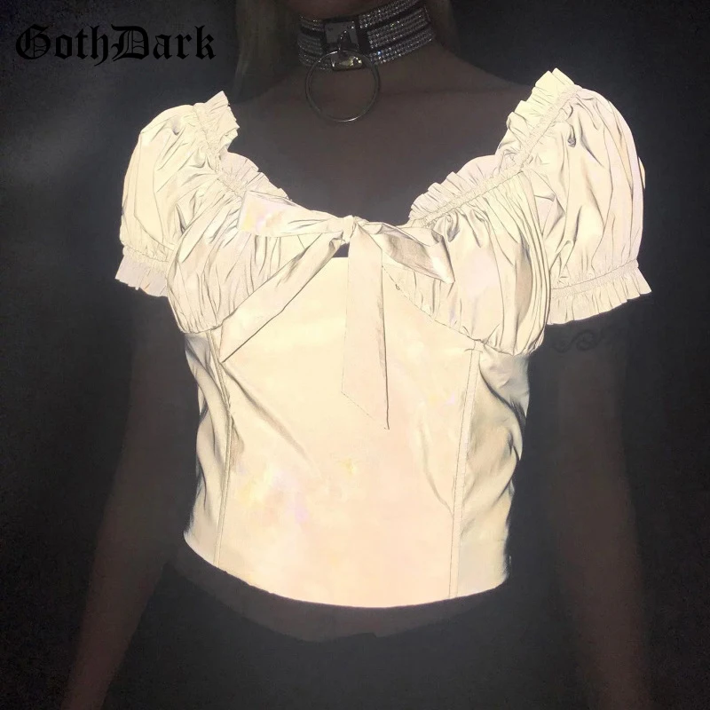 

Goth Dark Holographic Solid Grey T-shirt Women Gothic Fashion Ruched Sexy T shirt Bow V-neck Harajuku Patchwork T-shirts Female