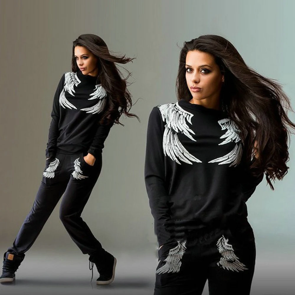 

Wing Print Design 2 Two Piece Set Top And Pants Long Sleeve Tracksuit Women Hoodies Sweatshirts 2019 Sportswear Sweat Suit -N