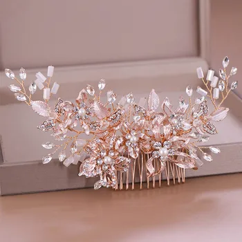 

FORSEVEN New Fashion Rose Gold Color Crystal Flower Simulated Pearls Bridal Bride Wedding Hair Combs Hair Jewelry Headpieces