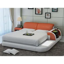 Горячая деревянная мебель для спальни простой дизайн оранжевая кожаная кровать