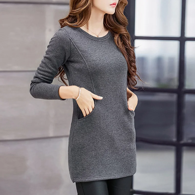 Cena 2017 Nowy Zima Moda O Neck Z Długim Rękawem Bluzki Koszulowe Zima kobiety Pełne Grube Ciepłe Kieszenie Długie Bluzki Slim Topy Plus Size