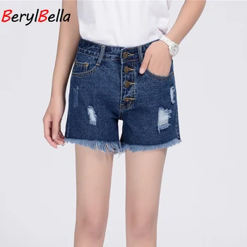 

New Arrival Spring Blue Destroyed Fray Hem Denim Shorts Ripped Straight Shorts Women Casual Sexy Button Fly Pockets Shorts
