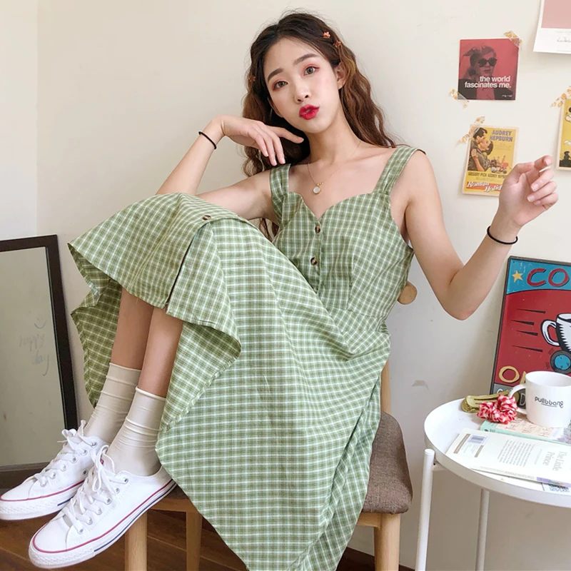 

3 Colors Mihoshop Ulzzang Korean Korea Women Fashion Clothing Bandage Gird Plaid Bow Backless Green Dress