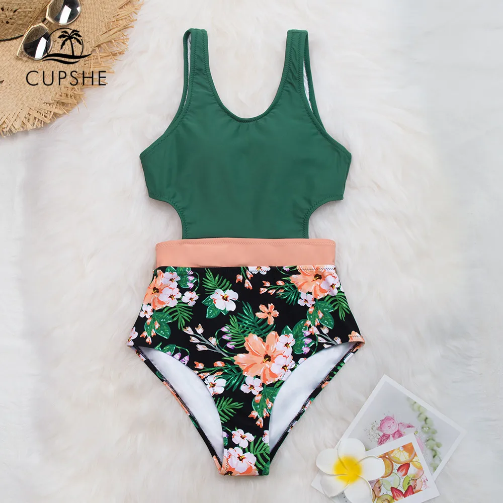 Günstig CUPSHE Fräulein U Hibiscus Print Einteiliges Badeanzug Sexy Spitze Up Gürtel Frauen Monokini 2020 Mädchen Strand Badeanzug bademode