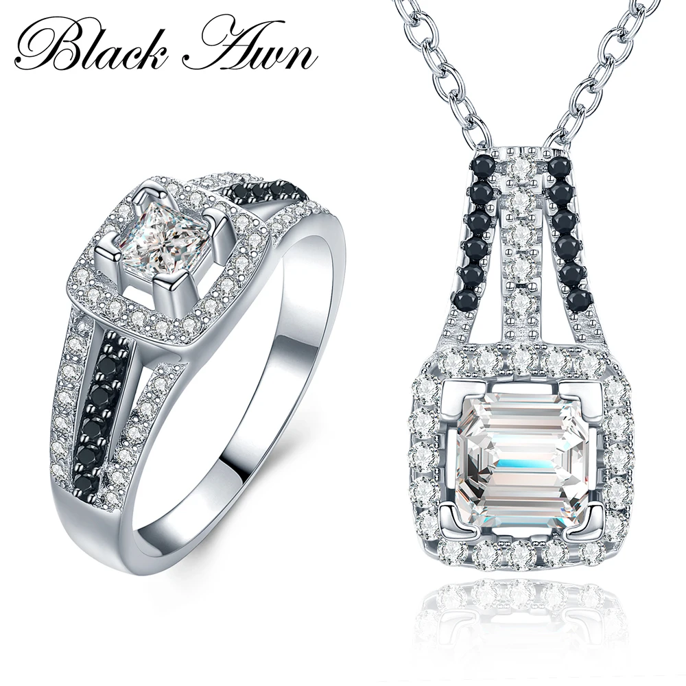 

[BLACK AWN] 925 Sterling Silver Fine Jewelry Sets Trendy Engagement Necklace for Women Wedding Ring PR023
