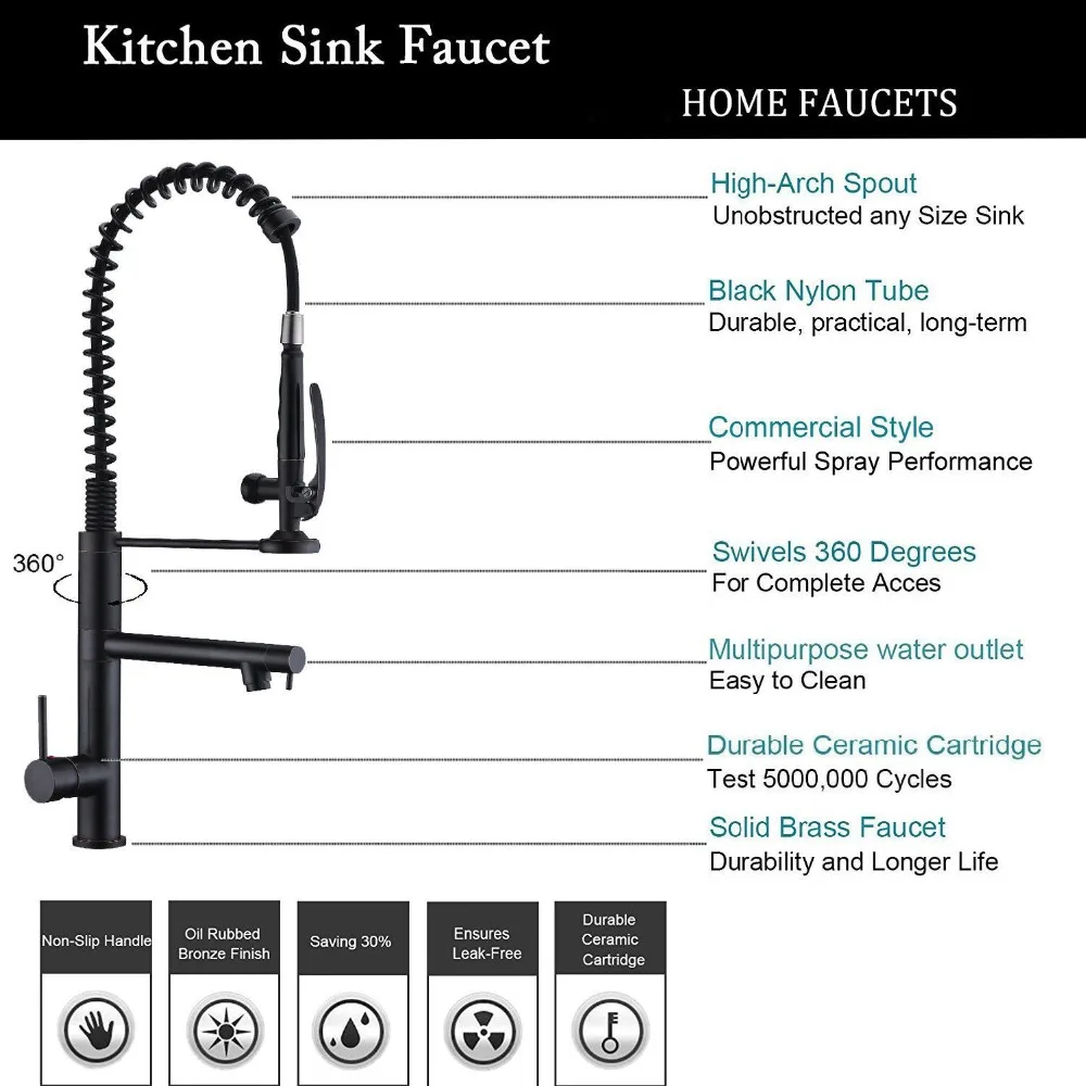 Роскошный черный бронзовый весенний кухонный смеситель, кран для раковины с одной ручкой, смеситель для раковины, кухонный кран с вращением на 360 градусов