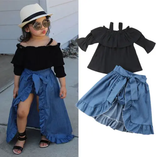 

3Pcs Set Kids Baby Girl Pudcoco Clothes Off Shoulder Solid Strap Shirt Tops Blue Shorts Belt Denim Skirt Summer Fashion Outfits