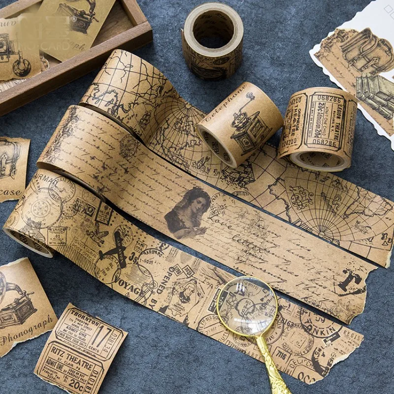 

5cm wide kraft paper wahi tape design of gloal earth visiting English words ticket shape planner decorative label sticker