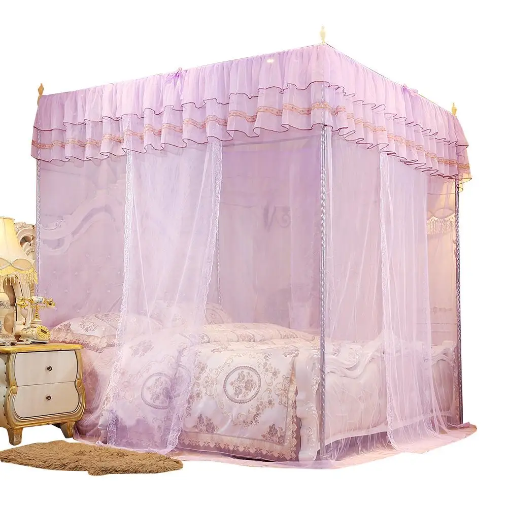 Фиолетовый Романтический Кружевной роскошный трехдверный квадратный напольный навес против комаров стиль корта постельных принадлежностей без рамки