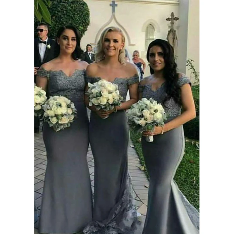 

Simple New Chiffon Bridesmaid's Dresses Lace Applique Off Shoulder Sleeve Mermaid Wedding Party Prom