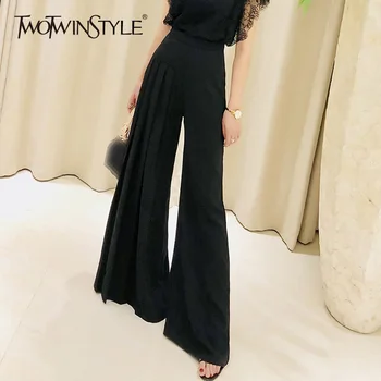 

TWOTWINSTYLE Maxi Wide Leg Pants Female Ruched High Waist Summer Black Large Size Trousers 2020 Fashion Women New Clothing