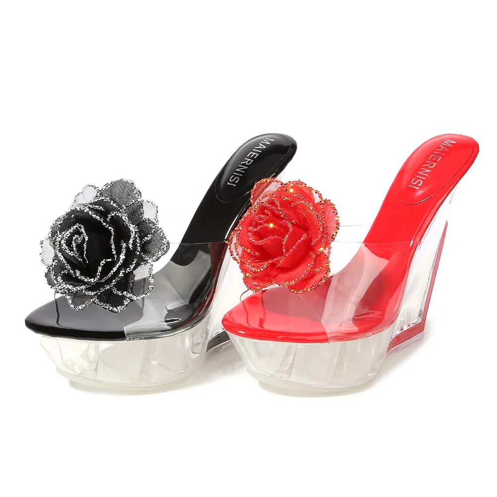 

Odinokov Mules Wedges Pvc Peep Toe Plataformas Mujer Red Slingbacks Party Wedding Shoes Flower High Heel Shoes Woman Sexy Pumps