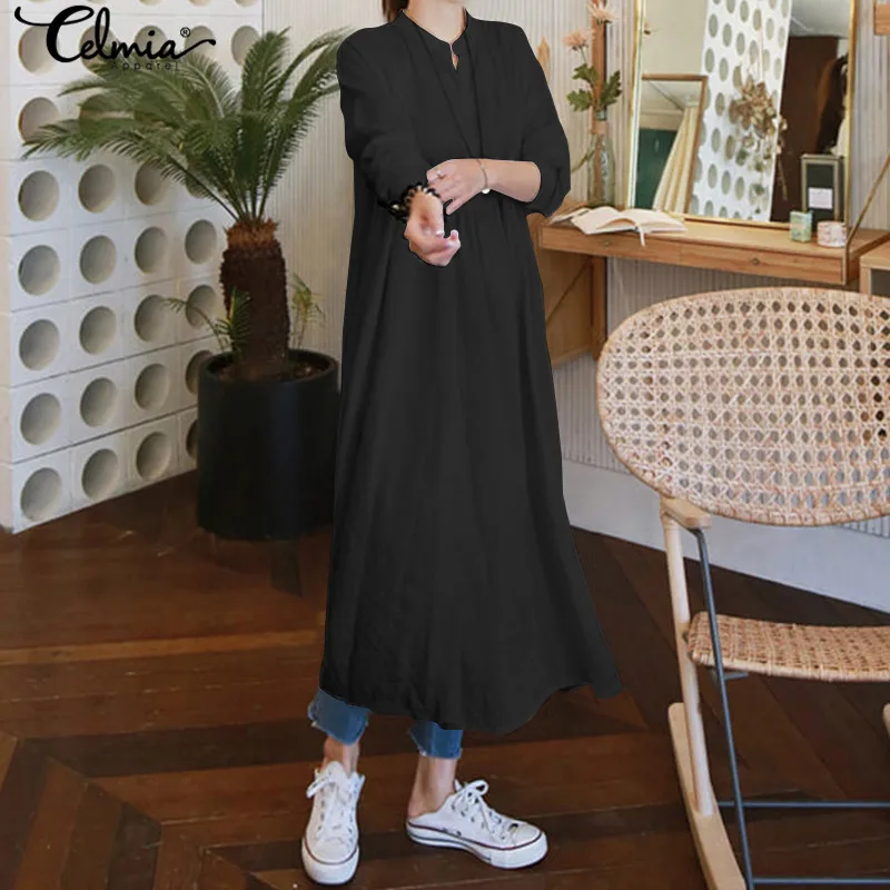

2019 Autumn Long Sleeve Shirt Dress Women Oversized Midi Dress Celmia Ladies Vintage Casual Office Work Vestidos Plus Size 5XL