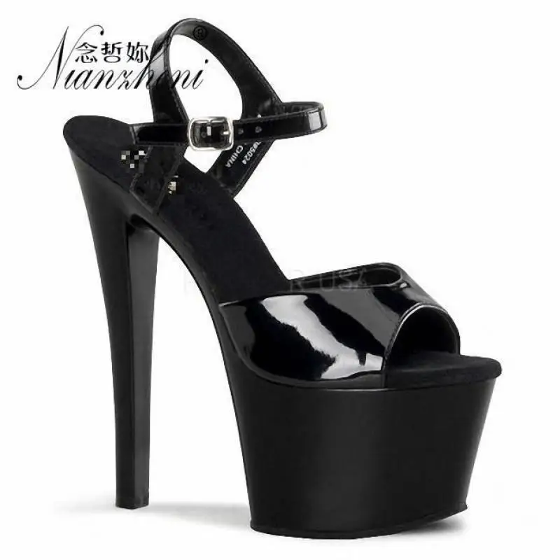 17cm Womens Classic Platform Pole Dancing Sandals Model Wedding Party Model Gladiator Shoes Black 7 Inch Sexy Evening High Heels - Цвет: Black