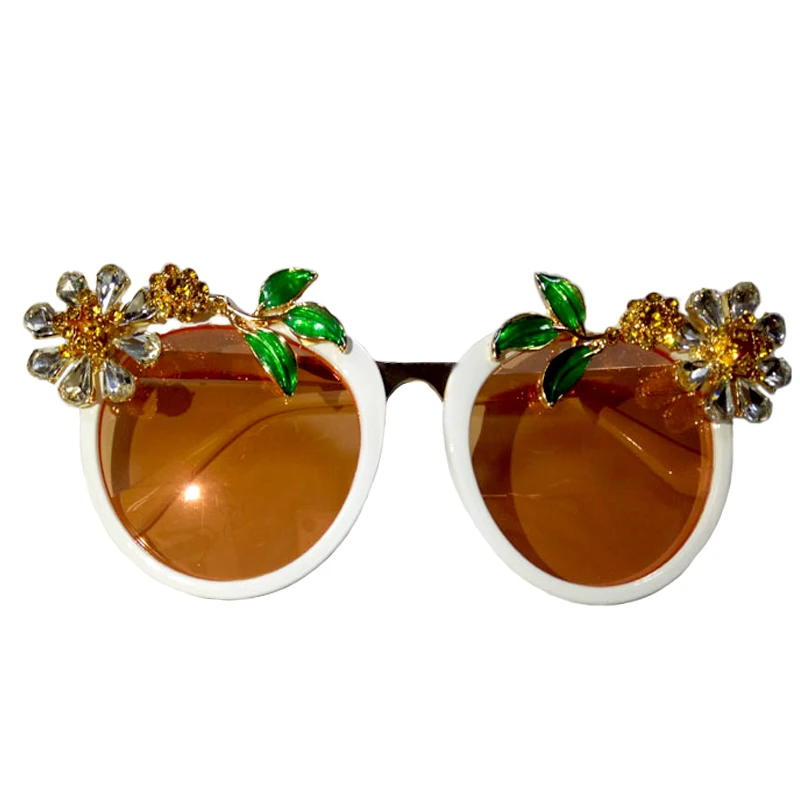 

fashion Vacation vintage rose flower ceramic cat's eye Brown sunglasses crystal circular Large frame sunglasses women jewelry