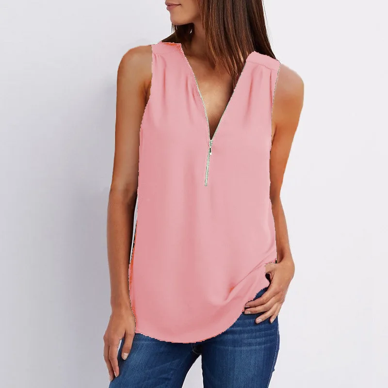 Plus Size S-5XL Chiffon Blouse Women Shirt Summer Sexy Sleeveless V Neck Zipper Blusas Casual Loose Tees Tank Tops Ladies Shirt womens shirts Blouses & Shirts