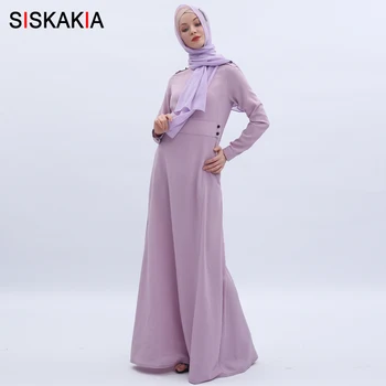 

Siskakia High Grade Solid Slim Muslim Long Dress Elegant Shoulder Buckle Design Islam Robes Light Purple Summer 2019 Arabic New