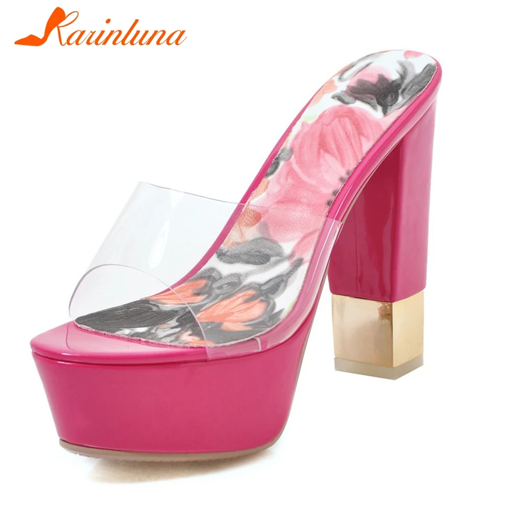 

KARINLUNA New Fashion Transparent Square High Heels Mules Slippers Woman Peep Toe Platform Slippers Woman Shoes Woman Size 32-43