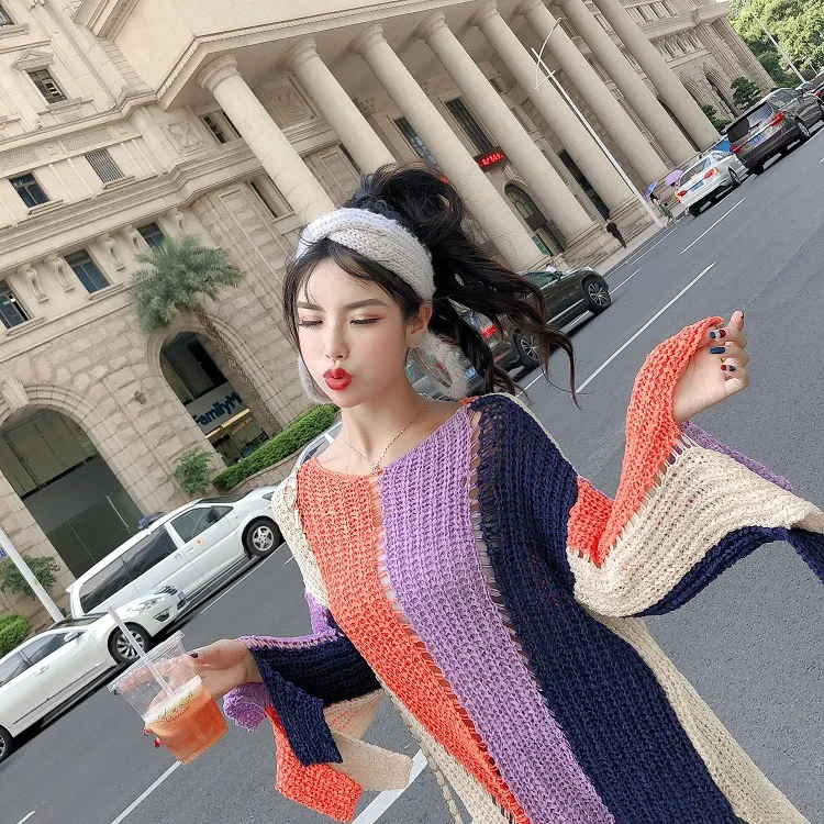 New Black Women Knitted Sweater Autumn Contrast Color Ladies Clothes Long Sleeve Crochet Loose Hollow Out Sweaters Sweaters