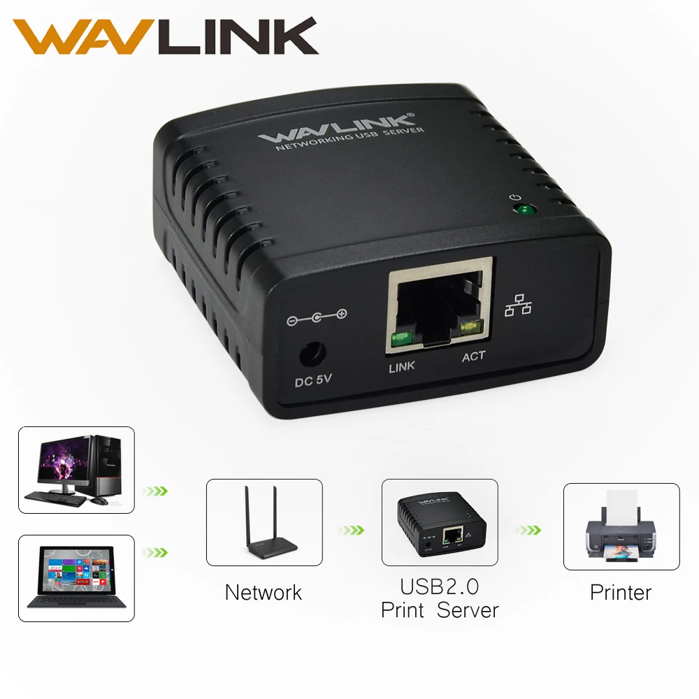 Wavlink USB 2.0 LRP Сервер печати Дайте LAN Ethernet Сетевое оборудование Принтеры Адаптеры питания USB HUB 100 Мбит сетевой сервер печати нам