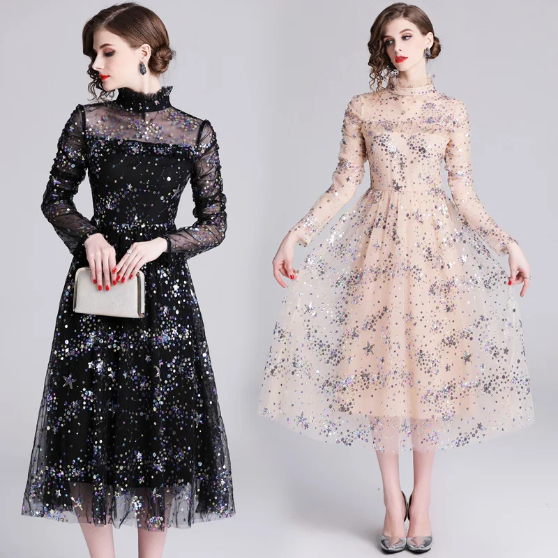 

New sexy women's summer long-sleeved mesh perspective sequined lace dress Maxi Party formal elegant tight dress