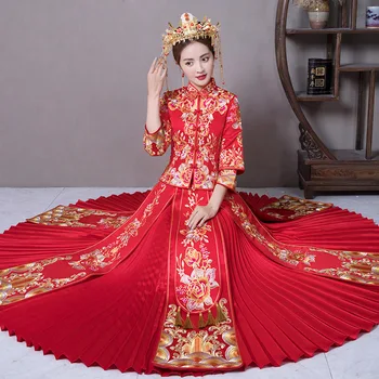 

Traditional Wedding Dress Long Sleeve Full Length Tassel Pleated Gowns Exquisite Embroidery Formal Cheongsam Suit Vintage Qipao