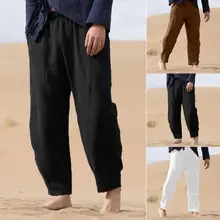 Мужские Винтажные Летние повседневные однотонные хлопковые льняные длинные брюки на шнурке