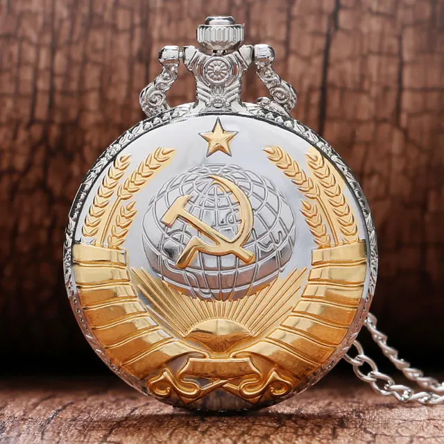 Fashion Silver & Golden Soviet Sickle Hammer Style Quartz Pocket Watch Men Women Fashion Silver & Golden Soviet Sickle Hammer Style Quartz Pocket Watch Men Women