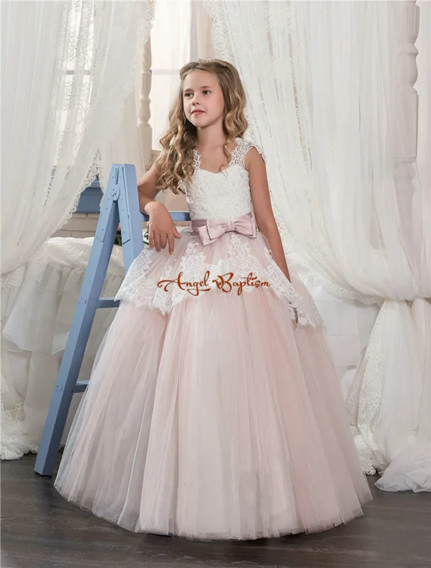 2018 New Arrival pink and white Lace ball gown Flower Girls Dresses appliques off the shoulder bow girls pageant dresses