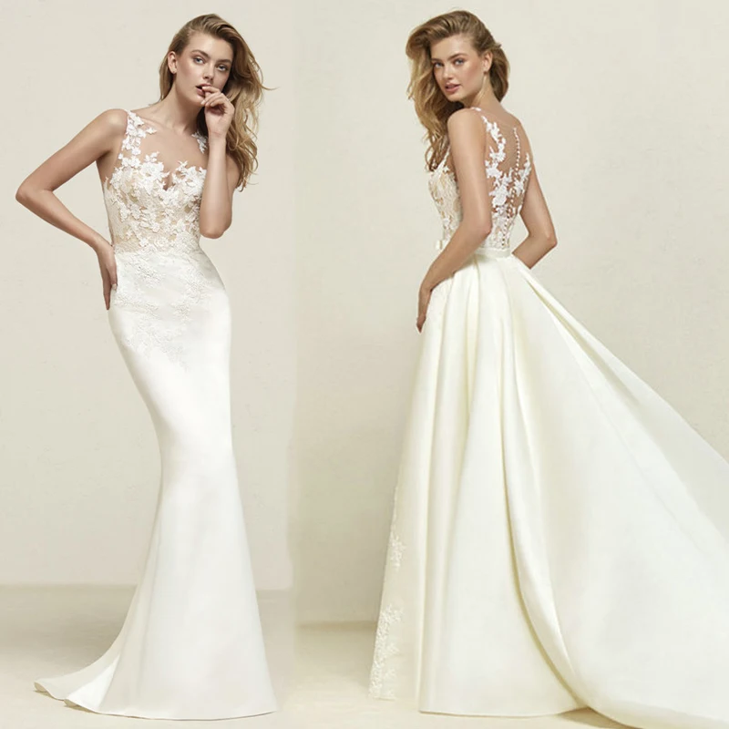 

LAMYA Elegant Satin Detachable Train Mermaid Wedding Dresses Lace Appliques 2 in 1 Bridal Gowns Customized Vestido De Noiva