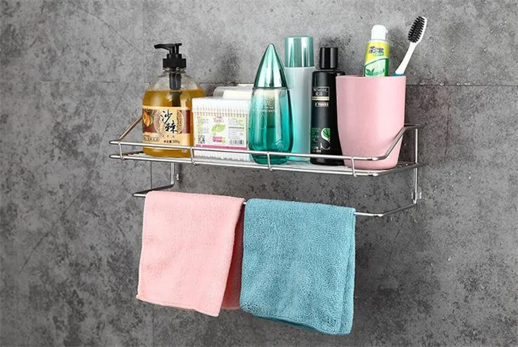 

Stainless Steel Bathroom Shelf Towel Rack Wall-mounted Corner Organizer Holder Bathroom with Suction Cup